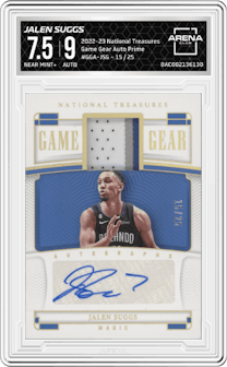 Jalen Suggs from the 2022-23 Panini National Treasures set featuring a Prime parallel graded by Arena Club and given an overall grade of 7.5.