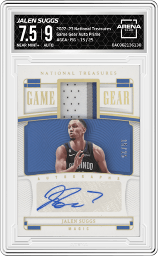 Jalen Suggs from the 2022-23 Panini National Treasures set featuring a Prime parallel graded by Arena Club and given an overall grade of 7.5.