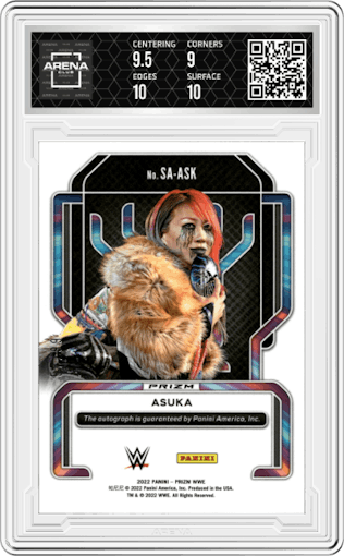 Asuka from the 2022 Panini Prizm WWE Debut Edition  set featuring a Red Prizm parallel graded by Arena Club and given an overall grade of 9.5.