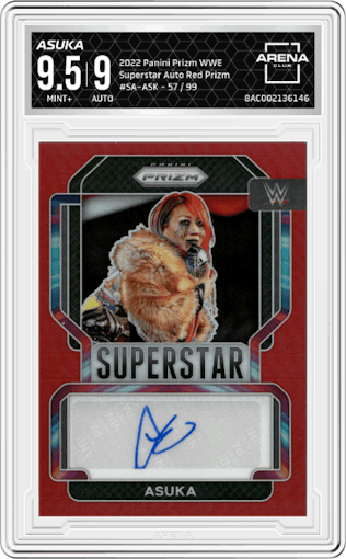 Asuka from the 2022 Panini Prizm WWE Debut Edition  set featuring a Red Prizm parallel graded by Arena Club and given an overall grade of 9.5.