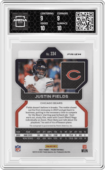 Justin Fields from the 2021 Panini Prizm set graded by Arena Club and given an overall grade of 9.5.