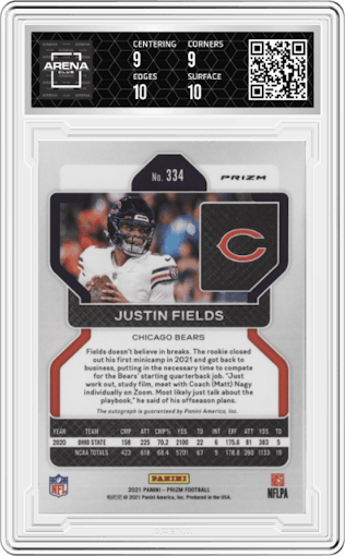 Justin Fields from the 2021 Panini Prizm set graded by Arena Club and given an overall grade of 9.5.