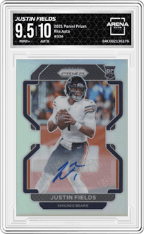 Justin Fields from the 2021 Panini Prizm set graded by Arena Club and given an overall grade of 9.5.