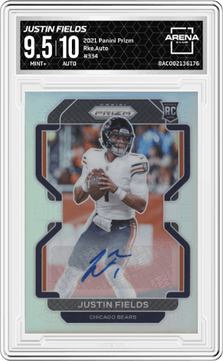 Justin Fields from the 2021 Panini Prizm set graded by Arena Club and given an overall grade of 9.5.