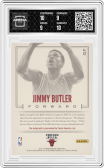 Jimmy Butler from the 2012-13 Panini Intrigue set graded by Arena Club and given an overall grade of 9.5.