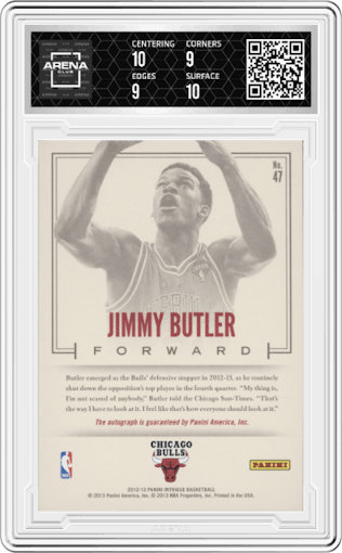 Jimmy Butler from the 2012-13 Panini Intrigue set graded by Arena Club and given an overall grade of 9.5.
