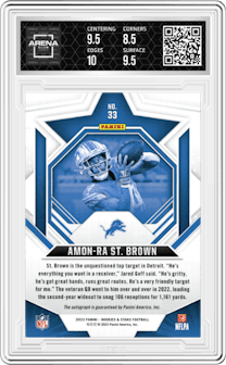Amon-Ra St. Brown from the 2023 Panini Rookies & Stars set featuring a Green parallel graded by Arena Club and given an overall grade of 9.