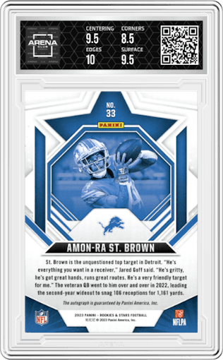 Amon-Ra St. Brown from the 2023 Panini Rookies & Stars set featuring a Green parallel graded by Arena Club and given an overall grade of 9.