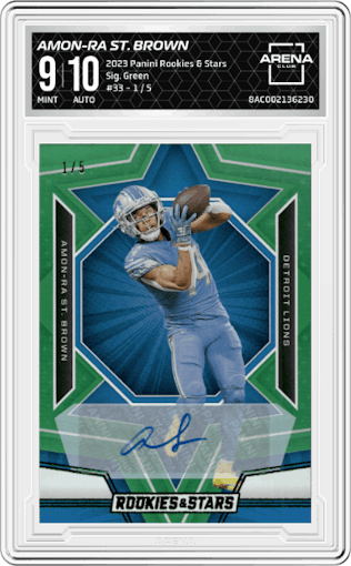 Amon-Ra St. Brown from the 2023 Panini Rookies & Stars set featuring a Green parallel graded by Arena Club and given an overall grade of 9.