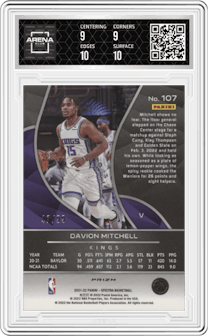 Davion Mitchell from the 2021-22 Panini Spectra set featuring a Celestial parallel graded by Arena Club and given an overall grade of 9.5.