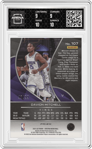 Davion Mitchell from the 2021-22 Panini Spectra set featuring a Celestial parallel graded by Arena Club and given an overall grade of 9.5.
