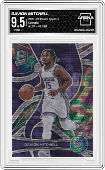 Davion Mitchell from the 2021-22 Panini Spectra set featuring a Celestial parallel graded by Arena Club and given an overall grade of 9.5.