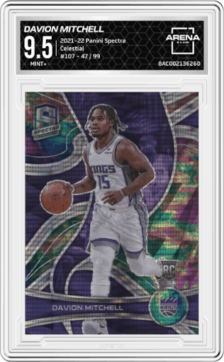 Davion Mitchell from the 2021-22 Panini Spectra set featuring a Celestial parallel graded by Arena Club and given an overall grade of 9.5.