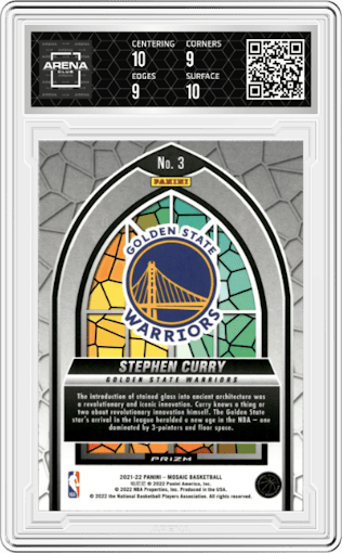 Stephen Curry from the 2021-22 Panini Mosaic  set graded by Arena Club and given an overall grade of 9.5.