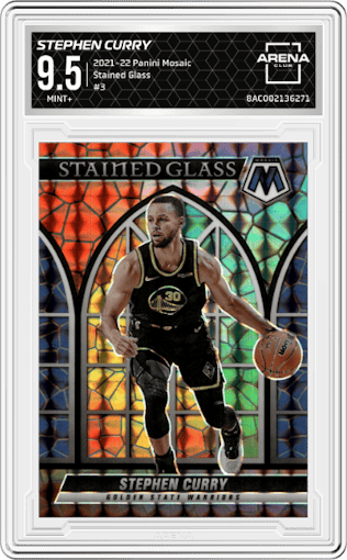 Stephen Curry from the 2021-22 Panini Mosaic  set graded by Arena Club and given an overall grade of 9.5.