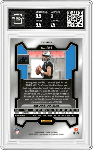 Bryce Young from the 2023 Panini Prizm set featuring a Lazer parallel graded by Arena Club and given an overall grade of 8.