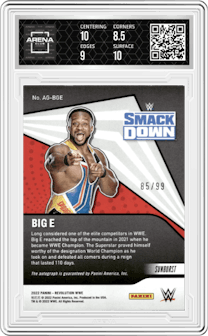 Big E from the 2022 Panini Revolution WWE set featuring a Sunburst parallel graded by Arena Club and given an overall grade of 9.