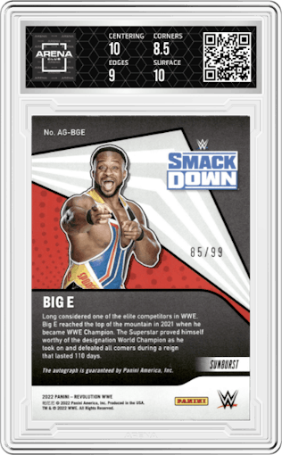 Big E from the 2022 Panini Revolution WWE set featuring a Sunburst parallel graded by Arena Club and given an overall grade of 9.