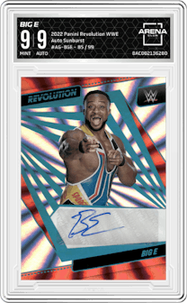 Big E from the 2022 Panini Revolution WWE set featuring a Sunburst parallel graded by Arena Club and given an overall grade of 9.