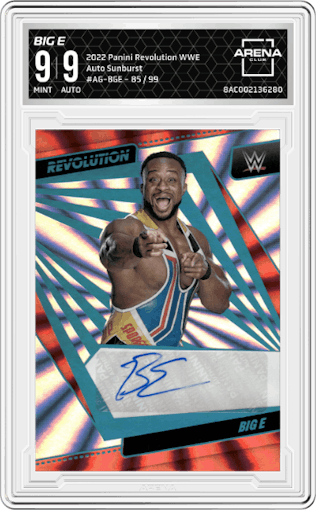 Big E from the 2022 Panini Revolution WWE set featuring a Sunburst parallel graded by Arena Club and given an overall grade of 9.