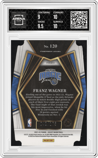 Franz Wagner from the 2021-22 Panini Select set featuring a Die-Cut Maroon parallel graded by Arena Club and given an overall grade of 9.5.