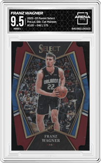 Franz Wagner from the 2021-22 Panini Select set featuring a Die-Cut Maroon parallel graded by Arena Club and given an overall grade of 9.5.