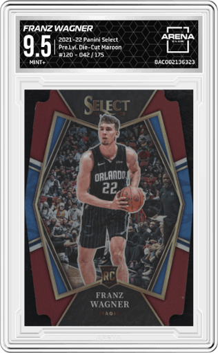 Franz Wagner from the 2021-22 Panini Select set featuring a Die-Cut Maroon parallel graded by Arena Club and given an overall grade of 9.5.