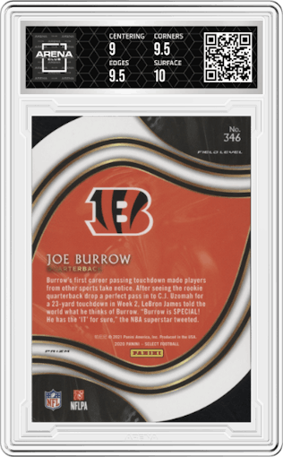 Joe Burrow from the 2020 Panini Select set featuring a Die-Cut Blue parallel graded by Arena Club and given an overall grade of 9.5.