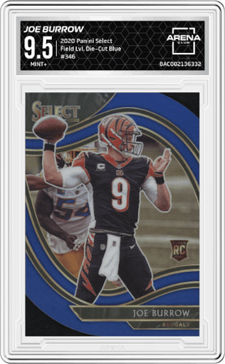 Joe Burrow from the 2020 Panini Select set featuring a Die-Cut Blue parallel graded by Arena Club and given an overall grade of 9.5.