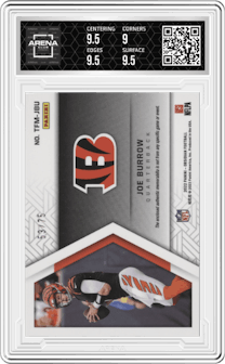 Joe Burrow from the 2022 Panini Obsidian set featuring a Electric Etch Orange  parallel graded by Arena Club and given an overall grade of 9.5.