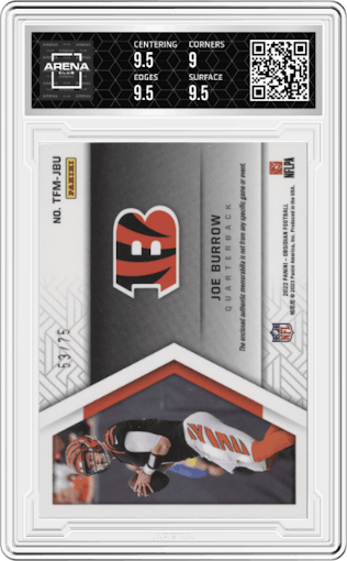 Joe Burrow from the 2022 Panini Obsidian set featuring a Electric Etch Orange  parallel graded by Arena Club and given an overall grade of 9.5.