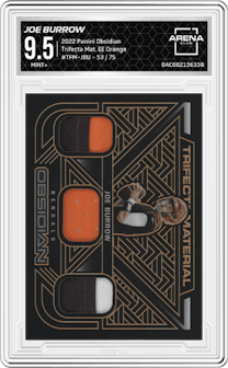 Joe Burrow from the 2022 Panini Obsidian set featuring a Electric Etch Orange  parallel graded by Arena Club and given an overall grade of 9.5.