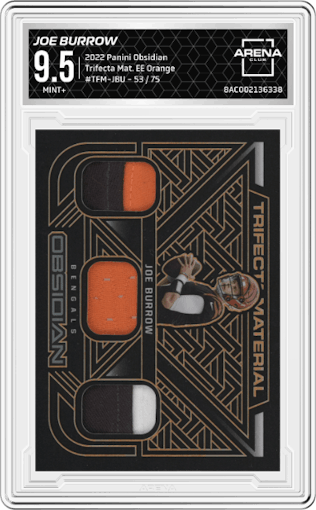 Joe Burrow from the 2022 Panini Obsidian set featuring a Electric Etch Orange  parallel graded by Arena Club and given an overall grade of 9.5.