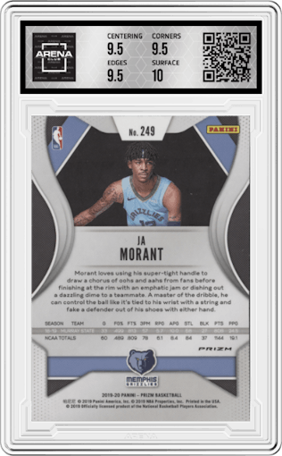 Ja Morant from the 2019-20 Panini Prizm set featuring a Silver Prizm parallel graded by Arena Club and given an overall grade of 10.