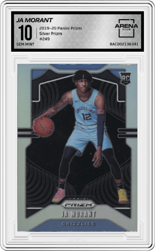 Ja Morant from the 2019-20 Panini Prizm set featuring a Silver Prizm parallel graded by Arena Club and given an overall grade of 10.