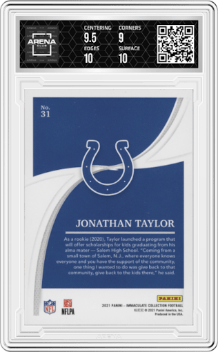 Jonathan Taylor from the 2021 Panini Immaculate Collection set featuring a Blue parallel graded by Arena Club and given an overall grade of 9.5.