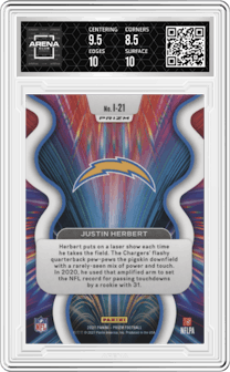 Justin Herbert from the 2021 Panini Prizm set graded by Arena Club and given an overall grade of 9.