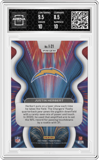 Justin Herbert from the 2021 Panini Prizm set graded by Arena Club and given an overall grade of 9.