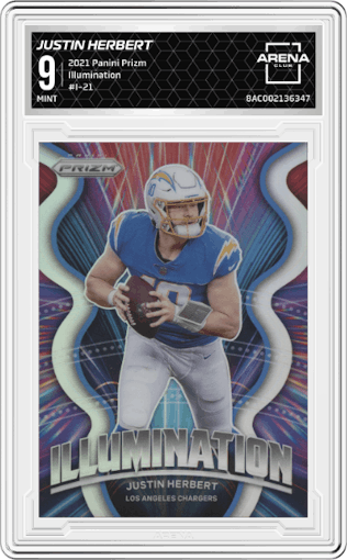 Justin Herbert from the 2021 Panini Prizm set graded by Arena Club and given an overall grade of 9.