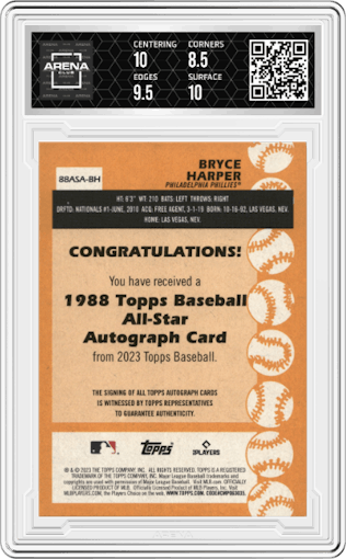 Bryce Harper from the 2023 Topps Series 2 set graded by Arena Club and given an overall grade of 9.