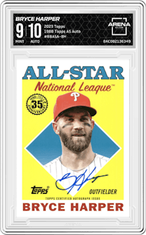 Bryce Harper from the 2023 Topps Series 2 set graded by Arena Club and given an overall grade of 9.
