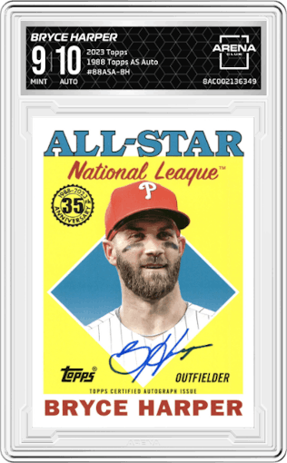 Bryce Harper from the 2023 Topps Series 2 set graded by Arena Club and given an overall grade of 9.