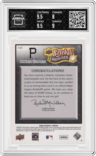 Roberto Clemente from the 2008 Upper Deck Baseball Heroes set featuring a Charcoal parallel graded by Arena Club and given an overall grade of 8.5.