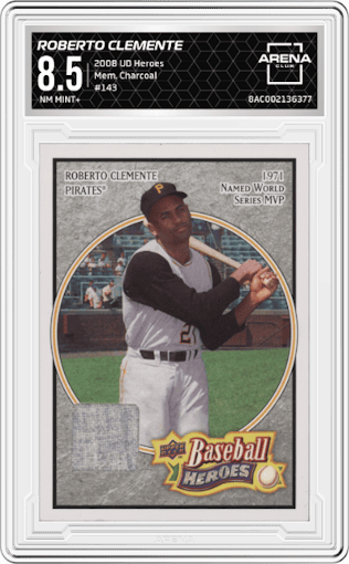 Roberto Clemente from the 2008 Upper Deck Baseball Heroes set featuring a Charcoal parallel graded by Arena Club and given an overall grade of 8.5.