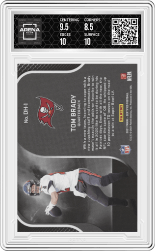 Tom Brady from the 2021 Panini Certified set featuring a Mirror Pink parallel graded by Arena Club and given an overall grade of 9.