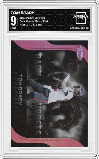 Tom Brady from the 2021 Panini Certified set featuring a Mirror Pink parallel graded by Arena Club and given an overall grade of 9.