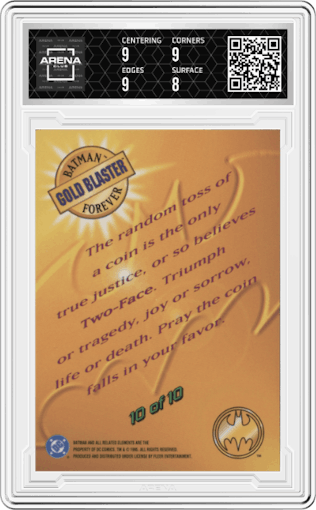 Two-Face from the 1995 Metal Batman Forever set graded by Arena Club and given an overall grade of 8.5.