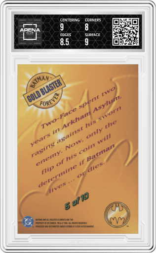 Two-Face from the 1995 Metal Batman Forever set graded by Arena Club and given an overall grade of 8.5.