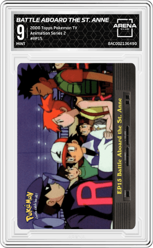 Battle Aboard the St. Anne from the 2000 Topps Pokemon TV set graded by Arena Club and given an overall grade of 9.