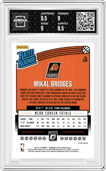 Mikal Bridges from the 2018-19 Panini Donruss Optic set featuring a Shock parallel graded by Arena Club and given an overall grade of 9.